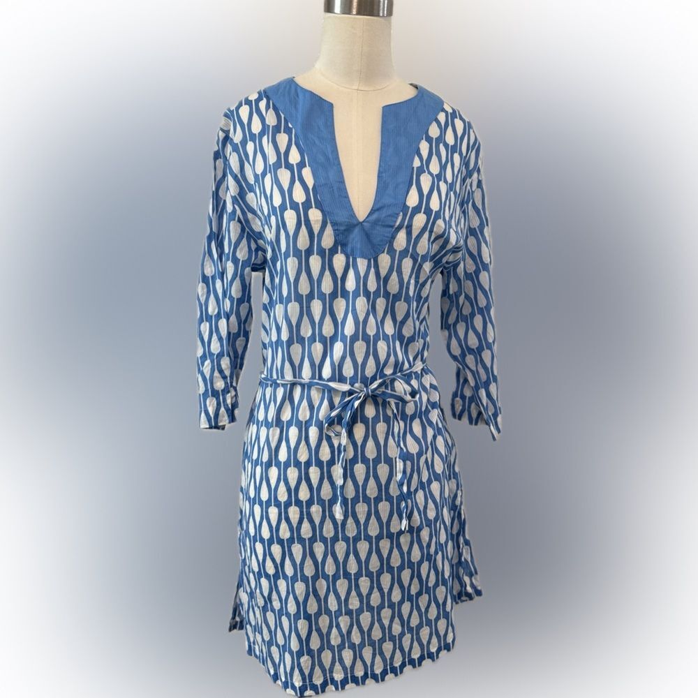 Echo Cover Up Over Swimwear Dress, Blue White V-Neck Lightweight, Size Medium